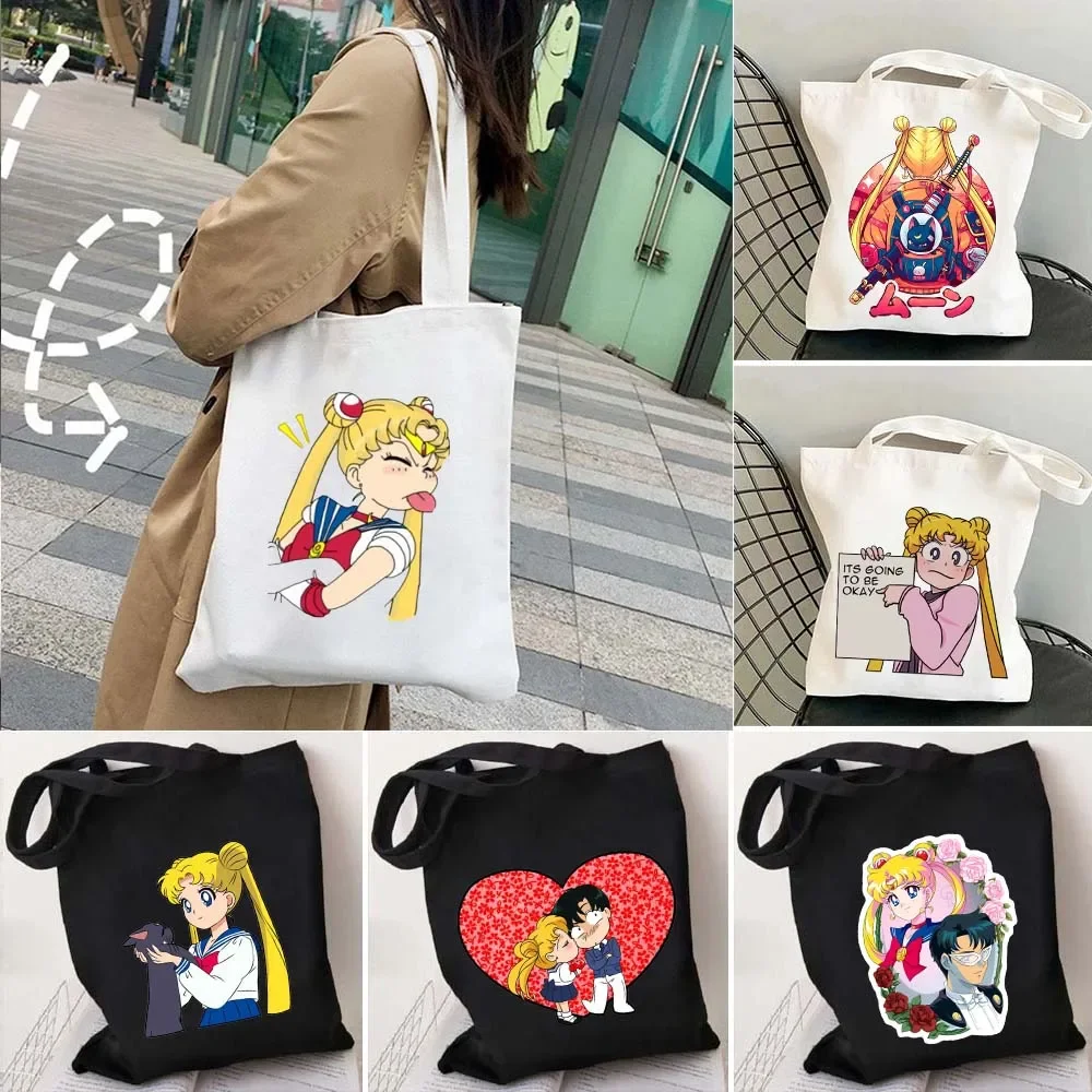 Cute Cartoon Girl Harajuku Canvas Totes Bags Sailormoon Anime Art Shopping Foldable Sailor Moon Shopper Shoulder Cotton Handbags