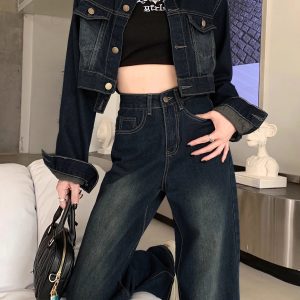 Pain Washed High Rise Loose Fit Wide Leg Denim Pants, Casual Jeans, Women's Denim Jeans & Clothing For Fall