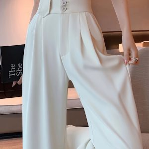 Long Length Micro Elasticity Polyester Straight Leg High Waist Pants - Comfortable Pocket Casual Solid Color Pants for Women, Machine Washable, All-Season Wear