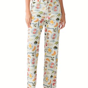 Women Wide Leg Jeans Casual Fruit Print Loose Denim Pants Trousers with Pockets for Work Office Streetwear