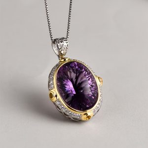 Noble, Elegant, Niche Design Oval Natural Amethyst Pendant, S925 Silver Exquisite Clavicle Chain