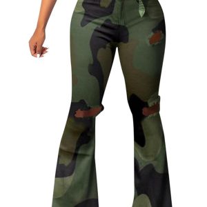 Lucuna Women's Camo Pants Flare Jeans High Waisted Y2K Camouflage Army Fatigue Ripped Bell Bottom Denim Pants