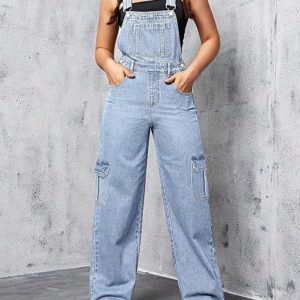 Womens Overalls Demin Wide Leg Cargo jumpsuit Loose Fit Bib Baggy Jean Overalls Adjustable Straps for Women.