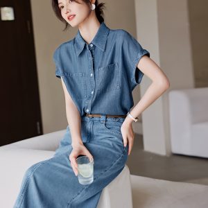 XWI Elegant Women's Lyocell Denim Shirt - Summer Chic Breathable Denim Top with Lapel Collar, Non-Stretch, Solid Color, Regular Short Sleeve, Button Detail, Woven Fabric - Stylish Workwear Essential