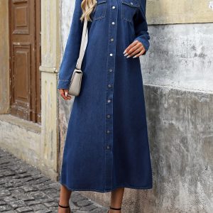 Stylish Long Sleeve Maxi Dress - Elegant Solid Denim Fabric, Buttons Lapel Collar, Perfect for Fall & Winter, Women's Fashion Clothing for Everyday Wear