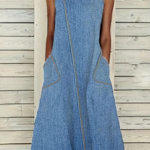 Chic Sleeveless Maxi Denim Dress - Soft Washed Blue Buttons, Casual Patch Pocket Style, Comfortable Women's Denim Jeans Clothing for Summer - Easy to Wear, Relaxed Fit, Versatile, and Stylish