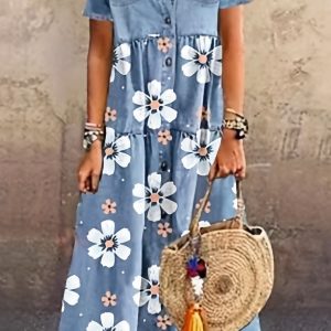 Stylish Tiered Denim Dress - Short Sleeve, Casual, Layered, Button-Up, Comfortable, Flattering Fit - Women's Fashionable Jeans Clothing for Everyday Wear