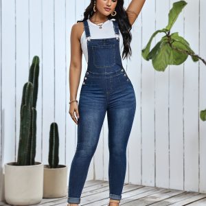 Versatile Mid-Blue Washed Denim Overalls Dungarees for Women - Soft, Comfortable, High Elasticity Fabric, Cuffed Design, Long Length, Casual Preppy Style with Skinny Fit - Perfect for Everyday Wear