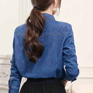 Casual Denim Jean Shirt for Women - Long Sleeve Lapel Collar Top with Dual Chest Pockets, Cotton Blend Non-Stretch Woven Fabric, Solid Color with Button Detail, Regular Fit Long Length with Side Slit Hem for Springu002FFall