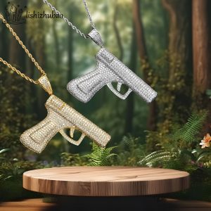1PC S925 Silver Inlaid 2 Carat Pistol Pendant Free Boutique Necklace Hip Hop Fashion Elegant Temperament Men And Women Necklace Daily Wear Halloween Carnival