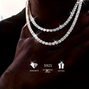 Hip Hop Moissanite 925 Silver Tennis Necklace, Suitable For Both Men And Women, Gifts For Holidays, Anniversaries, Parties, Music Festivals, Daily Routines