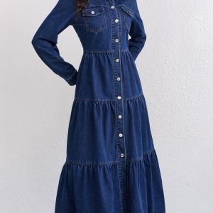 Plain Washed Blue Button Up Ruffled Long Sleeve Elegant Maxi Denim Dress, Women's Denim Jeans & Clothing