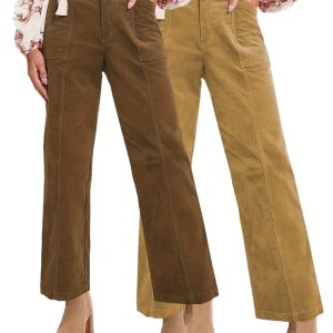 Vintage Chic High Waisted Solid Color Corduroy Straight Leg Pants - Women's Pants with Functional Pocket and Comfortable Fit - Classic Fashion Essentials for Everyday Wear