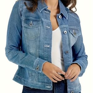 Women's Classic Blue Denim Jacket - Stretch Fit, Vintage-Inspired Casual Sporty Style with Button Detail, Machine Washable - Perfect for Springu002FFall