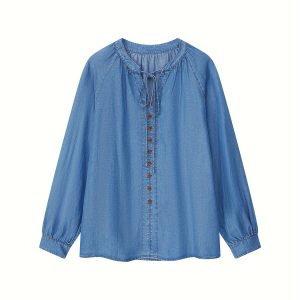 VEGA CHANG Women's French Retro Lyocell Linen Blend Denim Shirt - Casual Tie Neck Long Sleeve Top, Non-Stretch Solid Color Regular Fit Blouse with Hollow Detail and Placket Front for Springu002FFall
