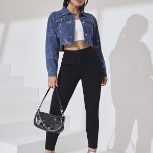 Y2K Butterfly Jacquard Long Sleeve Button Up Cropped Denim Jacket, Women's Denim Jeans & Clothing
