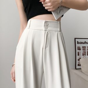 Stylish High-Waisted Solid Straight Leg Pants - Women's Clothing - Slim Fit, Casual, Comfortable, High-Quality Fabric, Perfect for Daily Wear, Work, or Leisure Activities