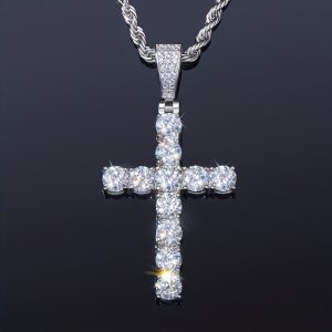 1PC S925 Silver Inlaid 11 Carat Moissanite Silveru002Fgreen Moissanite Cross Pendant Free Boutique Necklace Fashion Retro Hip-hop Trend New Pendant Holiday Gift Daily Wear BuyItNoWo